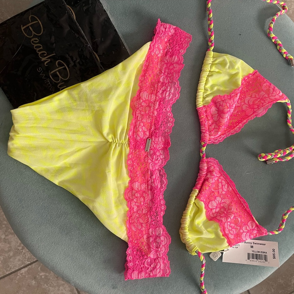 Beach Bunny Neon Yellow and Pink Lace Bikini Set BRAND NEW WITH TAGS
